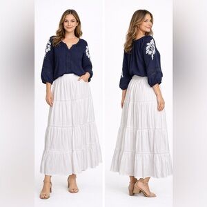 Forever Young Cream Cottagecore Maxi Skirt with Blue Boho button up blouse. XL